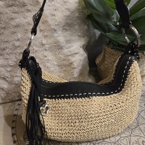 Woven Straw Brighton Shoulder Bag with Black Trim